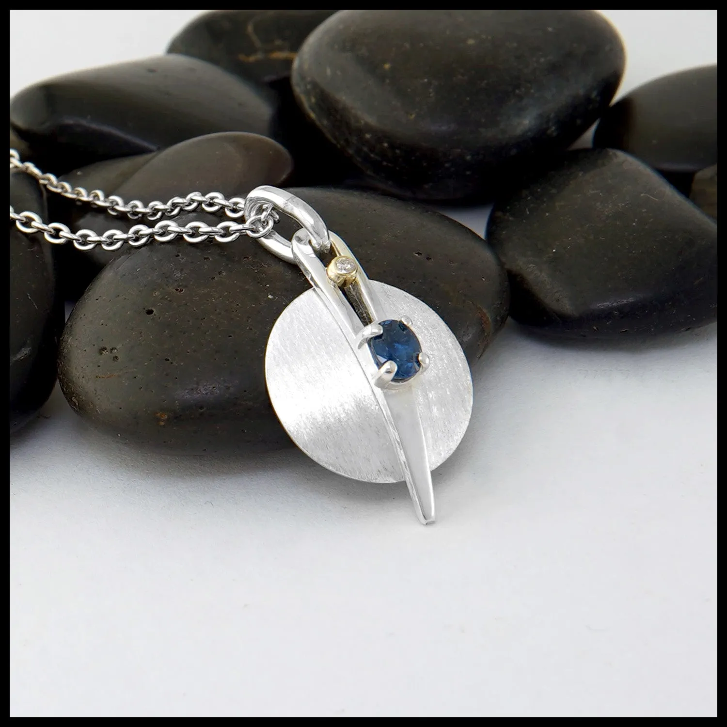 Brushed Silver Pendant with Blue Sapphire and Diamond