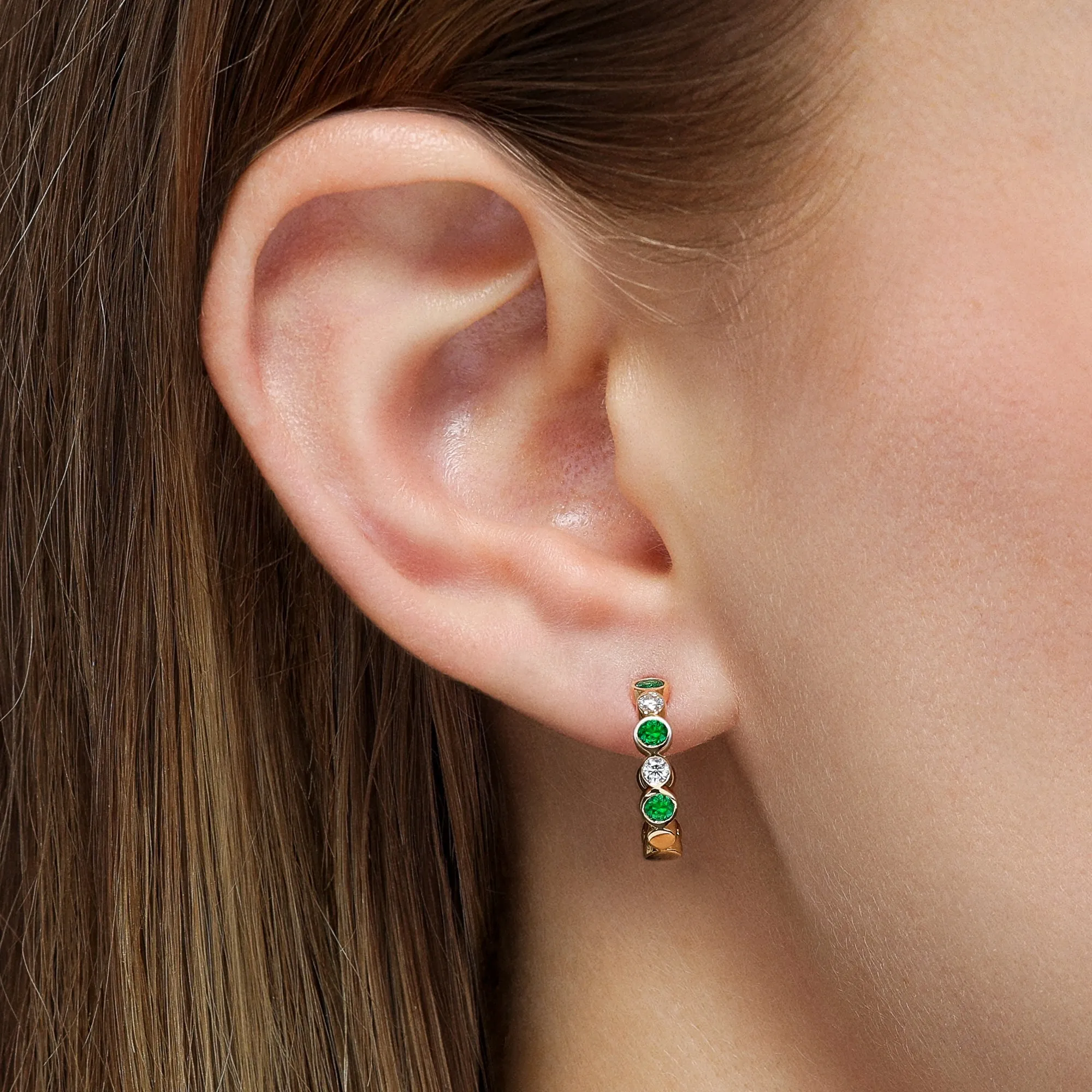 Bubbly Emerald and Diamond Mini Hoop Earrings