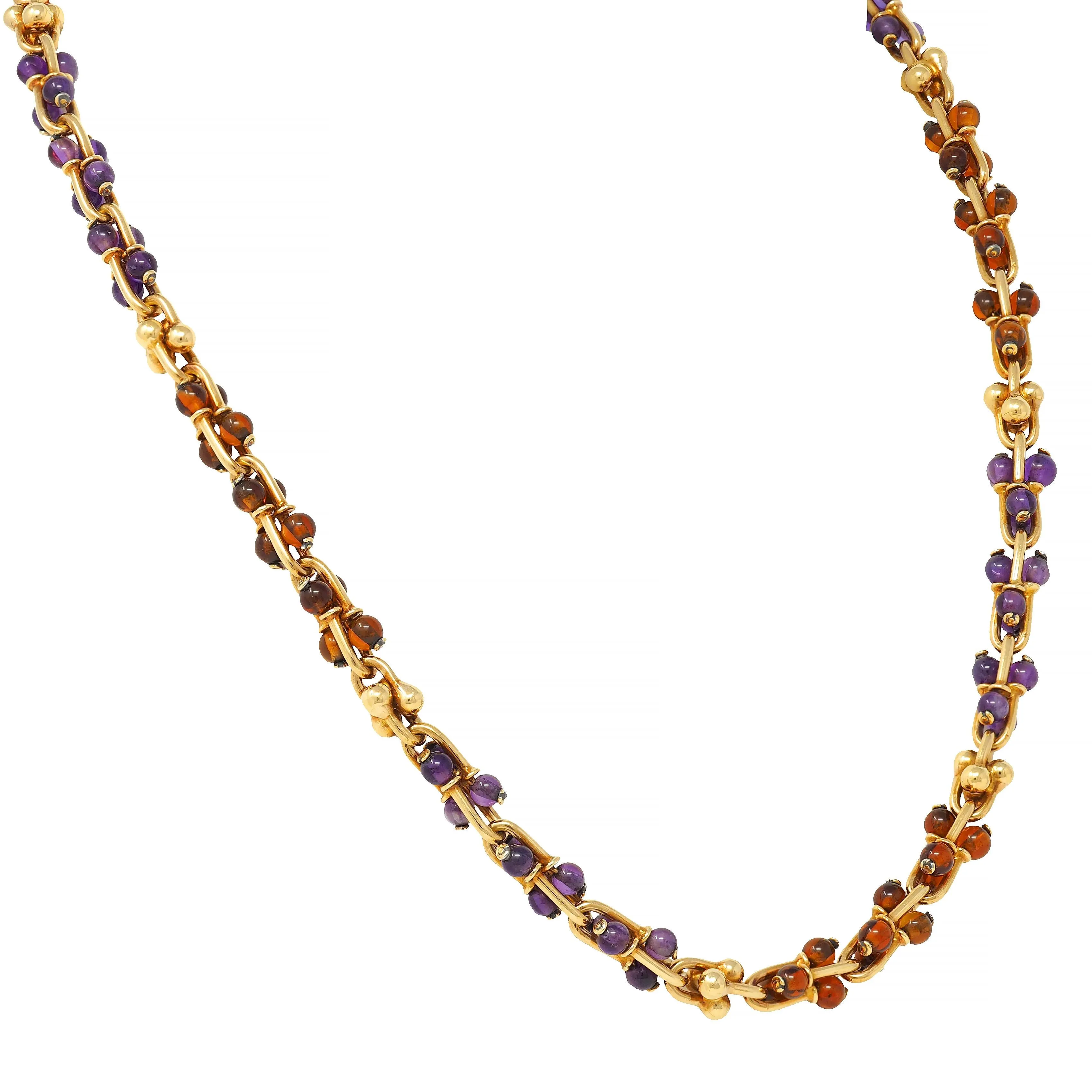 Bulgari 1990s Amethyst Citrine 18 Karat Yellow Gold Vintage Beaded Gauge Link Necklace