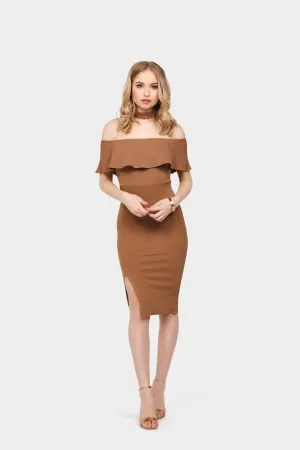 Camel Ruffle Off Shoulder Choker Midi Dress