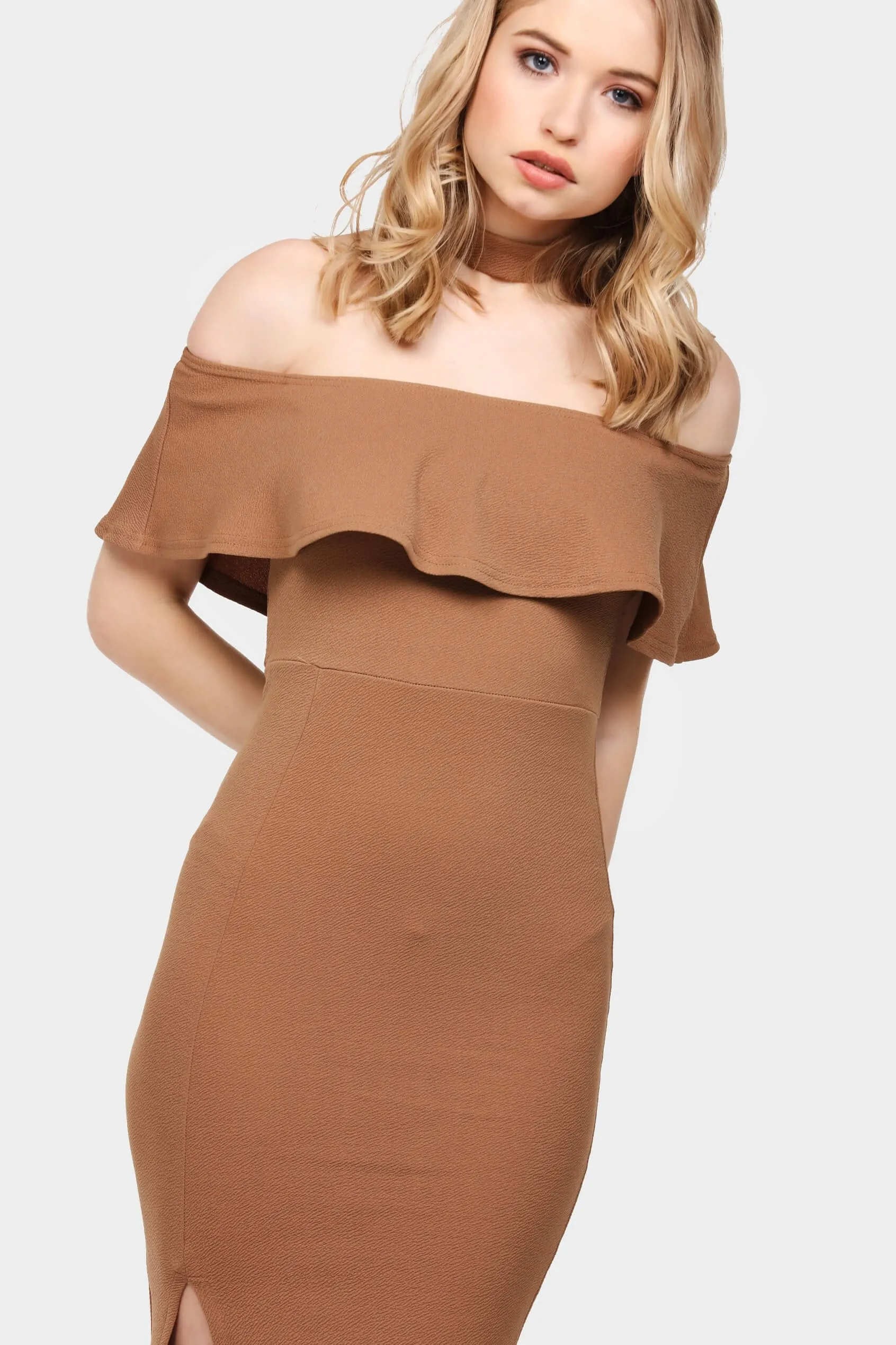 Camel Ruffle Off Shoulder Choker Midi Dress