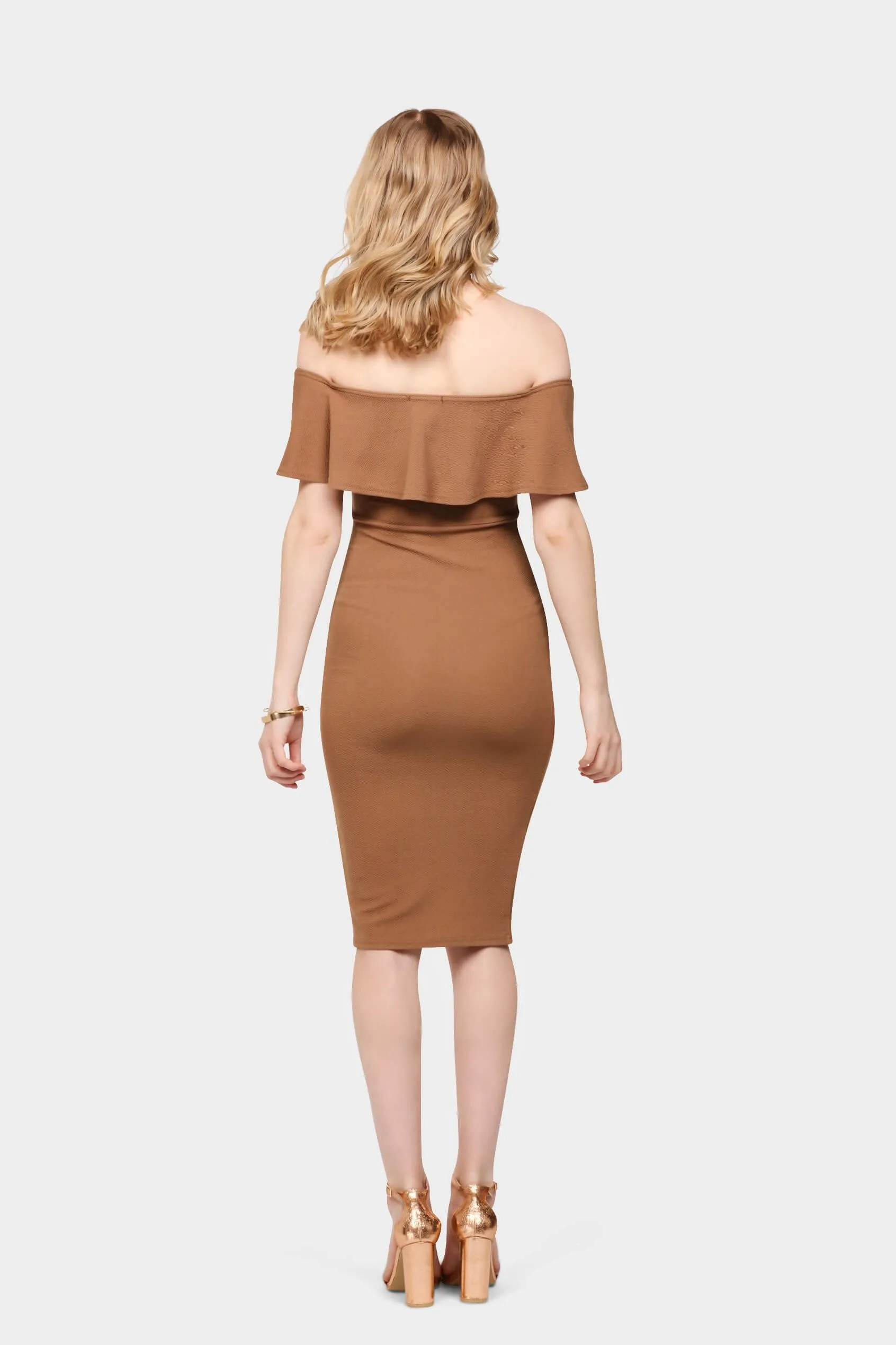 Camel Ruffle Off Shoulder Choker Midi Dress