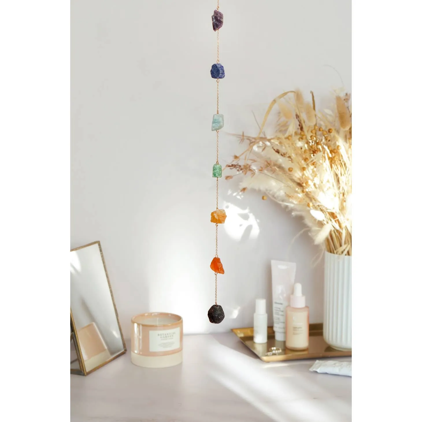 Chakra Harmony: 7 Raw Crystal Window Hanging in Gold Tone