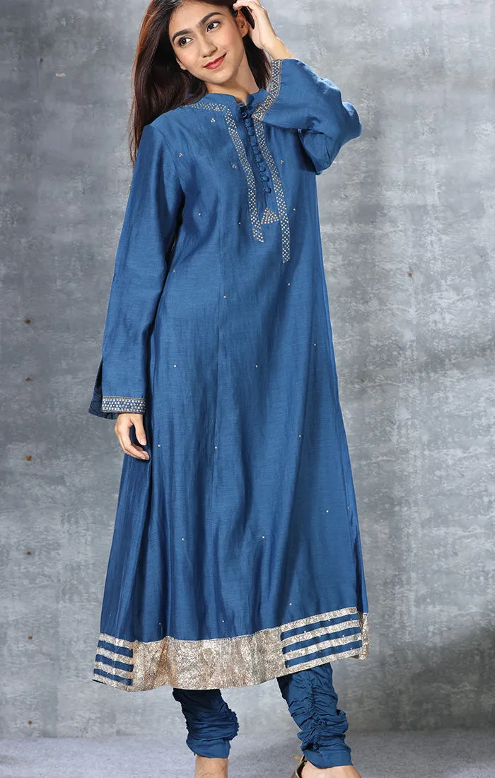 Chanderi Kurta with Gota Patti and mirror work - Lapis Lazuli Blue