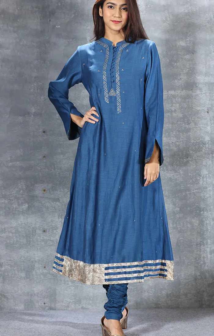 Chanderi Kurta with Gota Patti and mirror work - Lapis Lazuli Blue