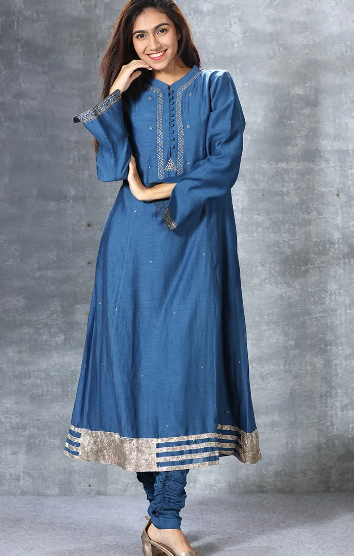 Chanderi Kurta with Gota Patti and mirror work - Lapis Lazuli Blue