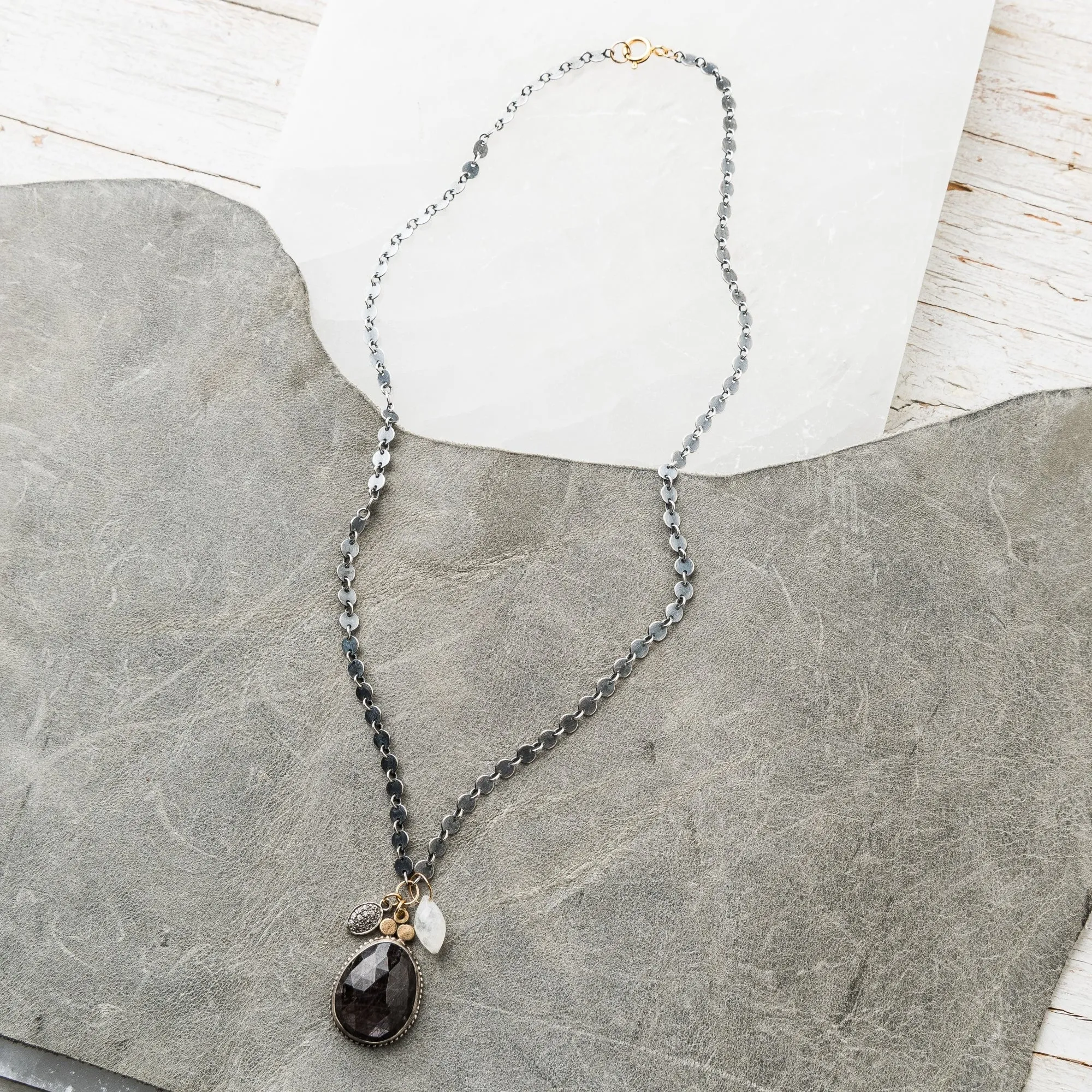 Chocolate Sapphire Drop Necklace with Pave Diamond Charm