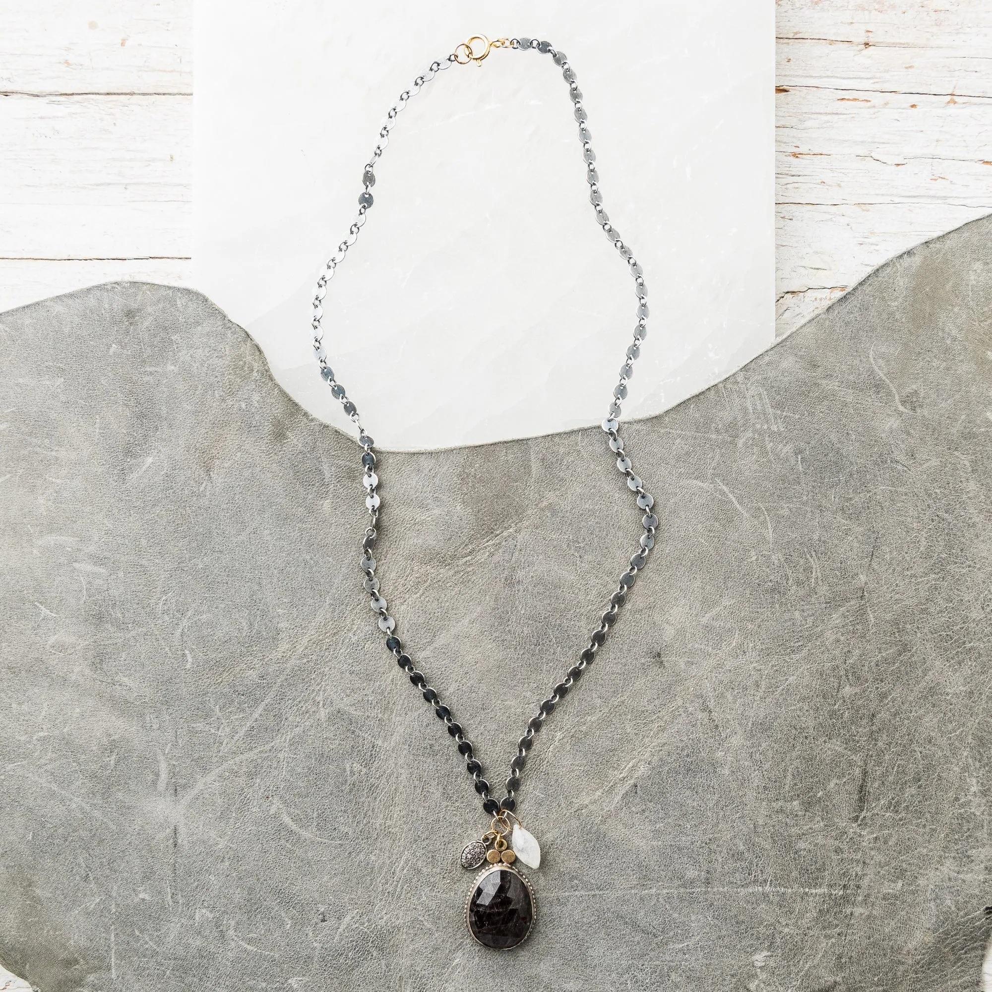 Chocolate Sapphire Drop Necklace with Pave Diamond Charm