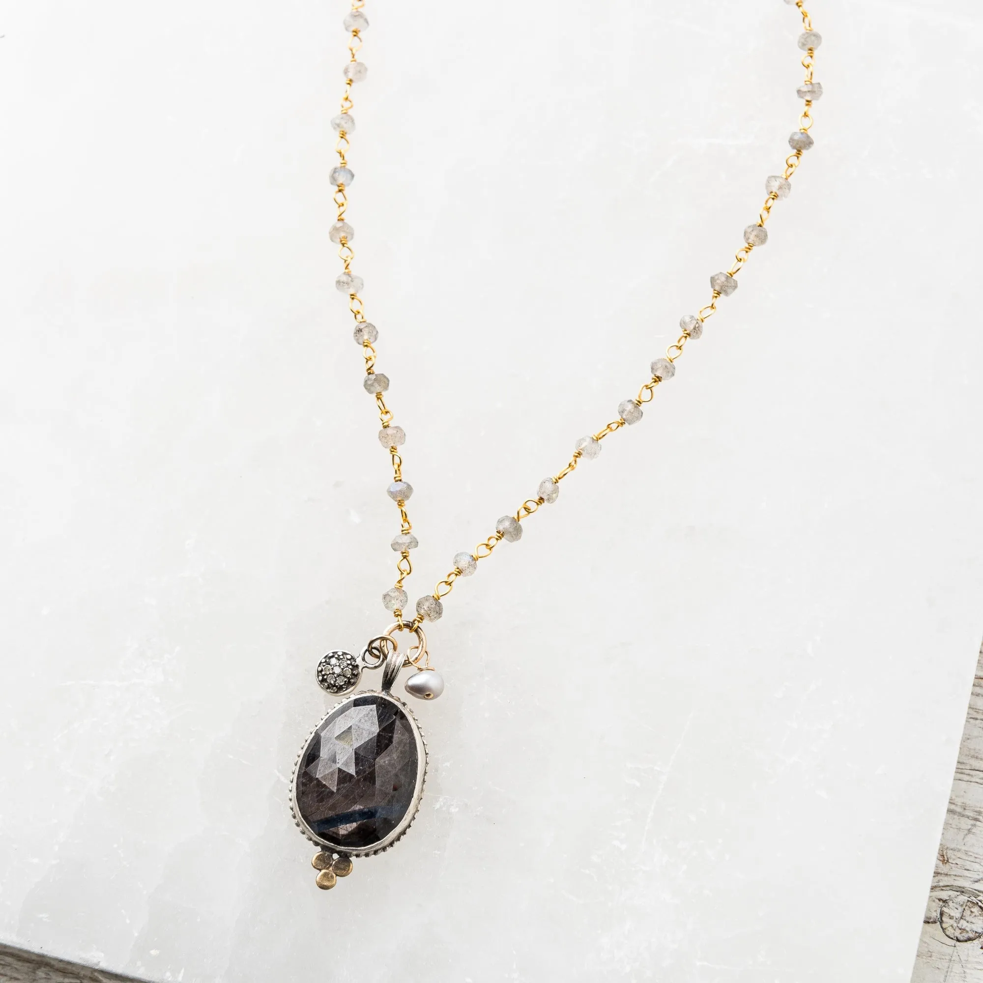 Chocolate Sapphire Necklace on Labradorite Chain