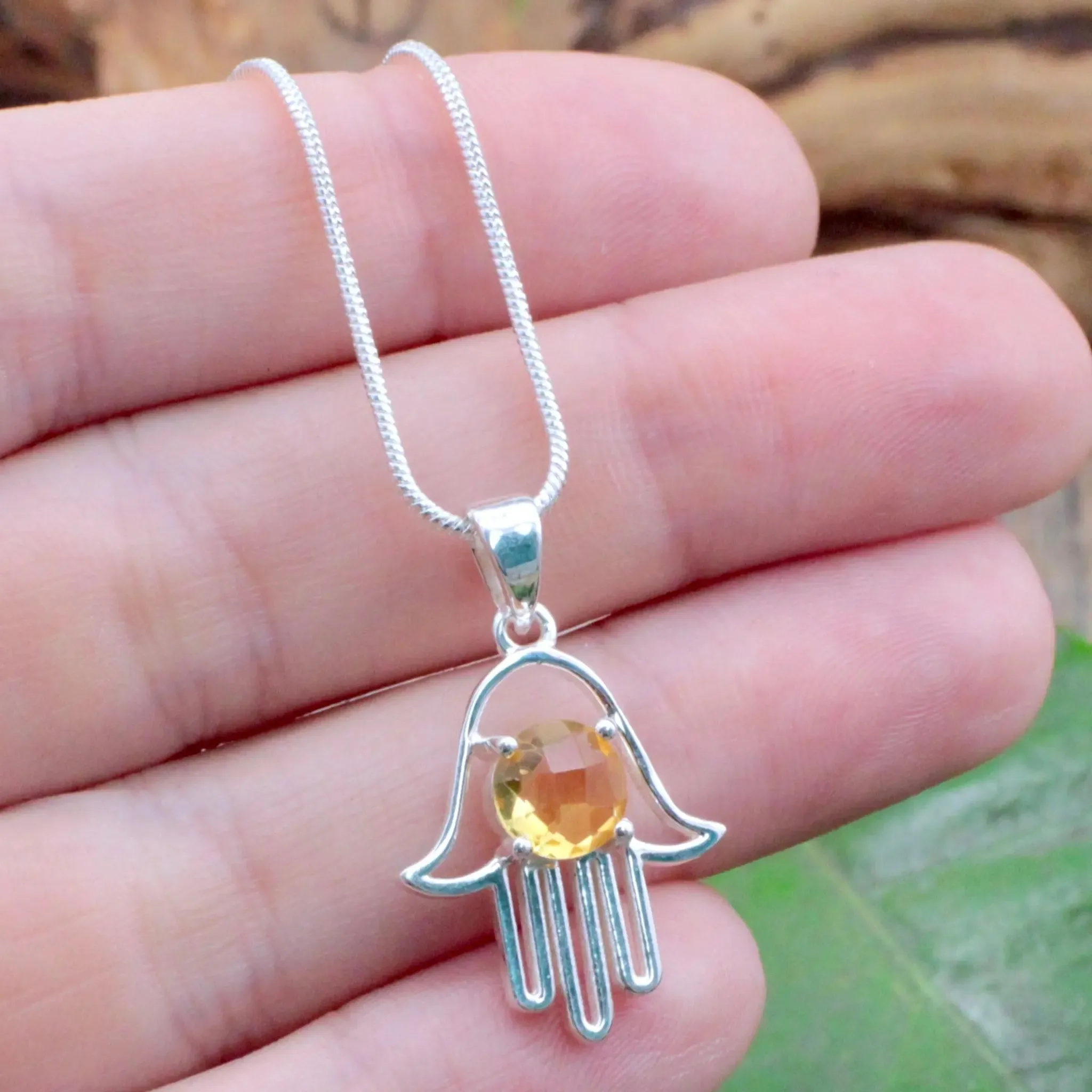 Citrine Hamsa Pendant - Sterling Silver