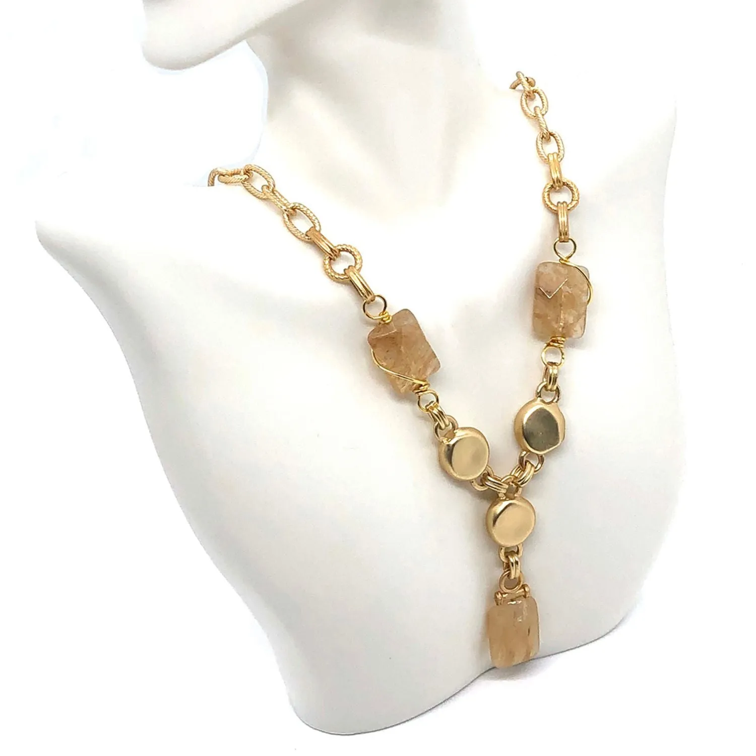 Citrine Quartz Faceted Rectangle Matte Gold Bead Y Necklace