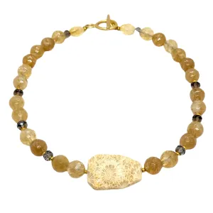 Citrine Quartz With Fossil Coral Center Stone Necklace