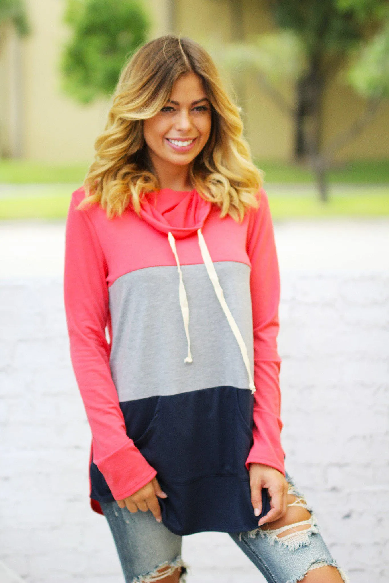 Coral Color Block Top with Pocket