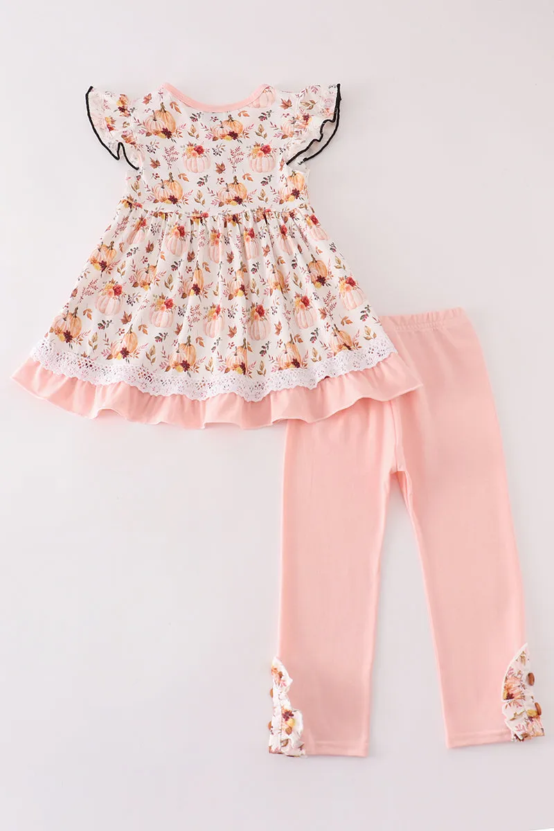 Coral pumpkin print girl set