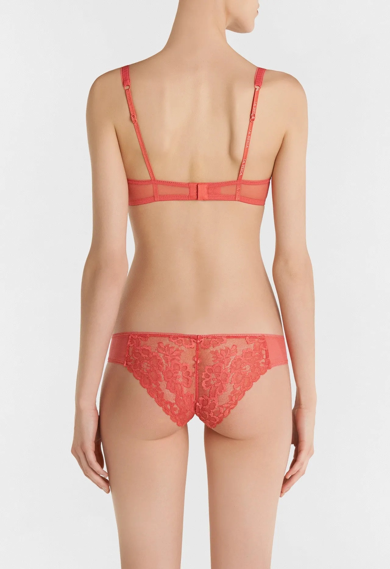 Coral Stretch Tulle Brazillian Briefs with Leavers Lace