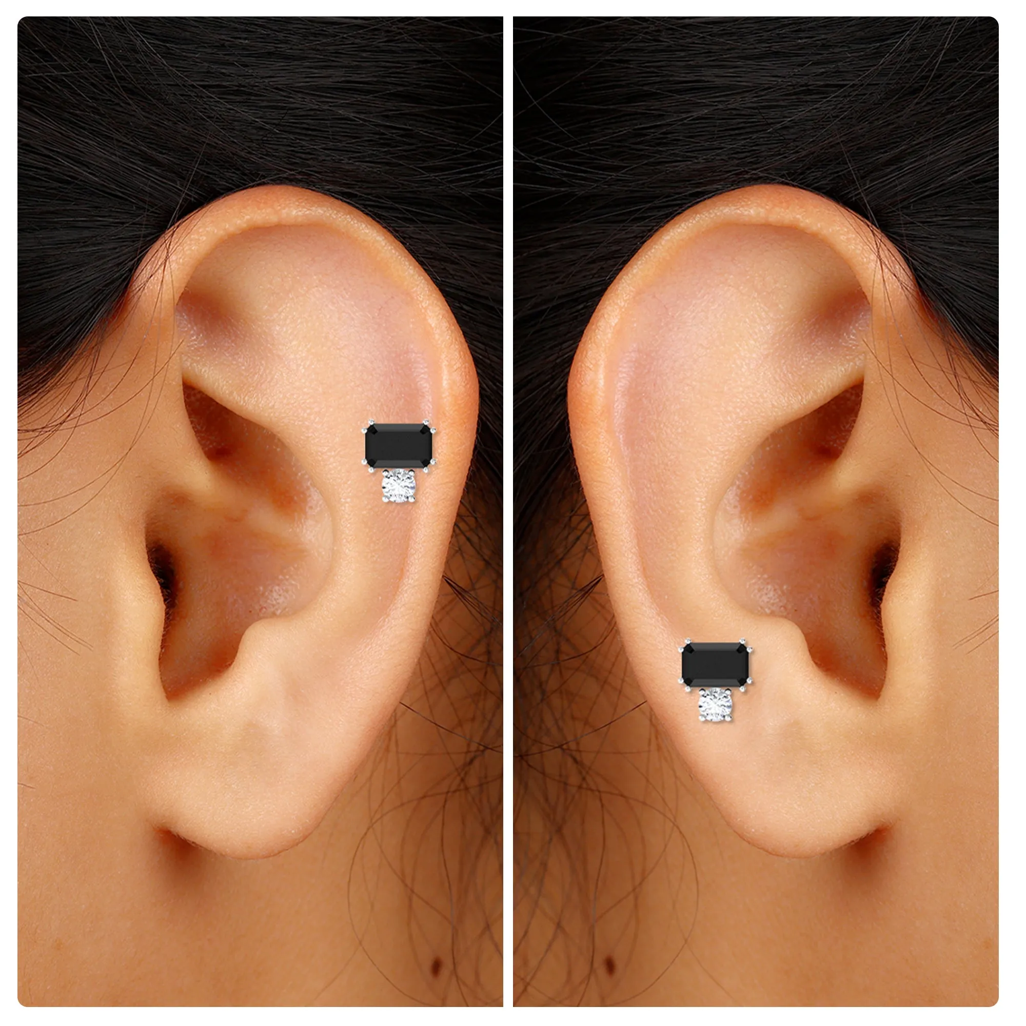 Created Black Diamond and Moissanite Two Stone Helix Earring