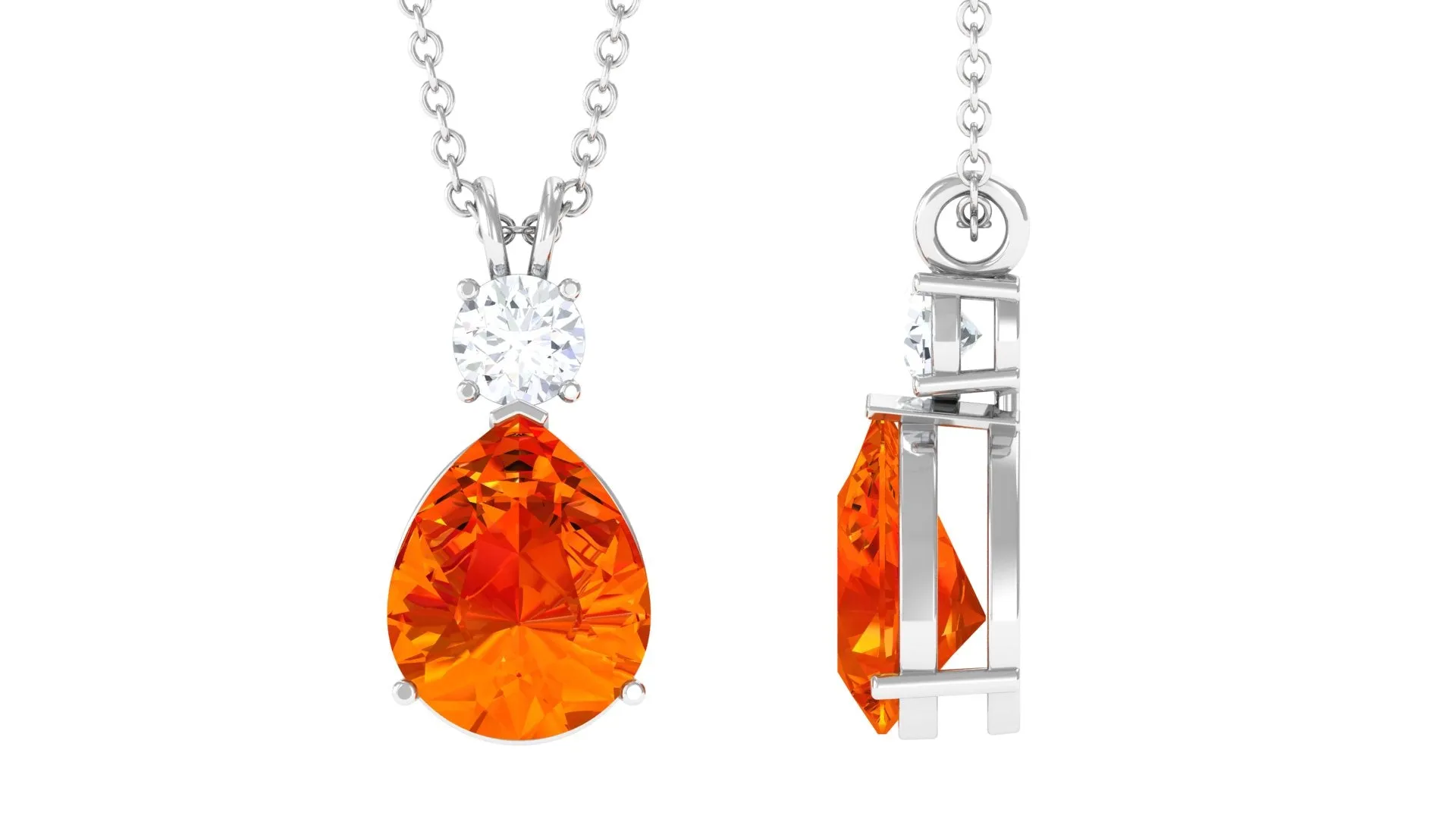 Created Orange Sapphire Teardrop Pendant Necklace with Moissanite