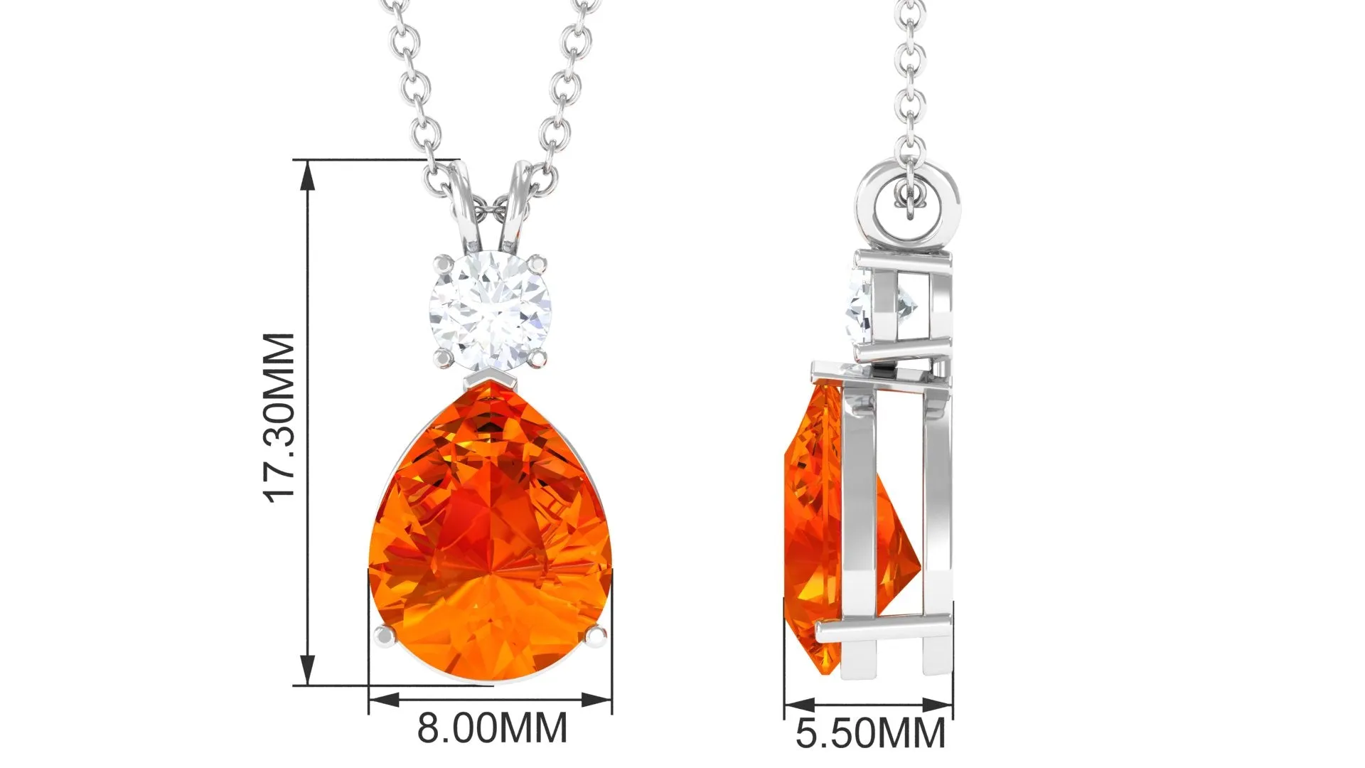 Created Orange Sapphire Teardrop Pendant Necklace with Moissanite