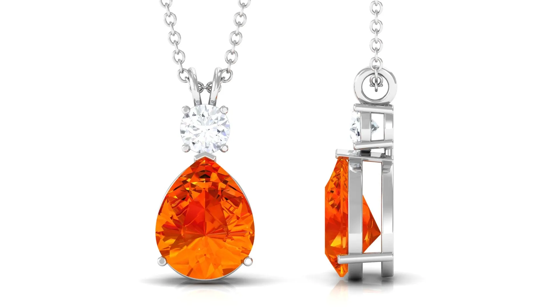 Created Orange Sapphire Teardrop Pendant Necklace with Moissanite