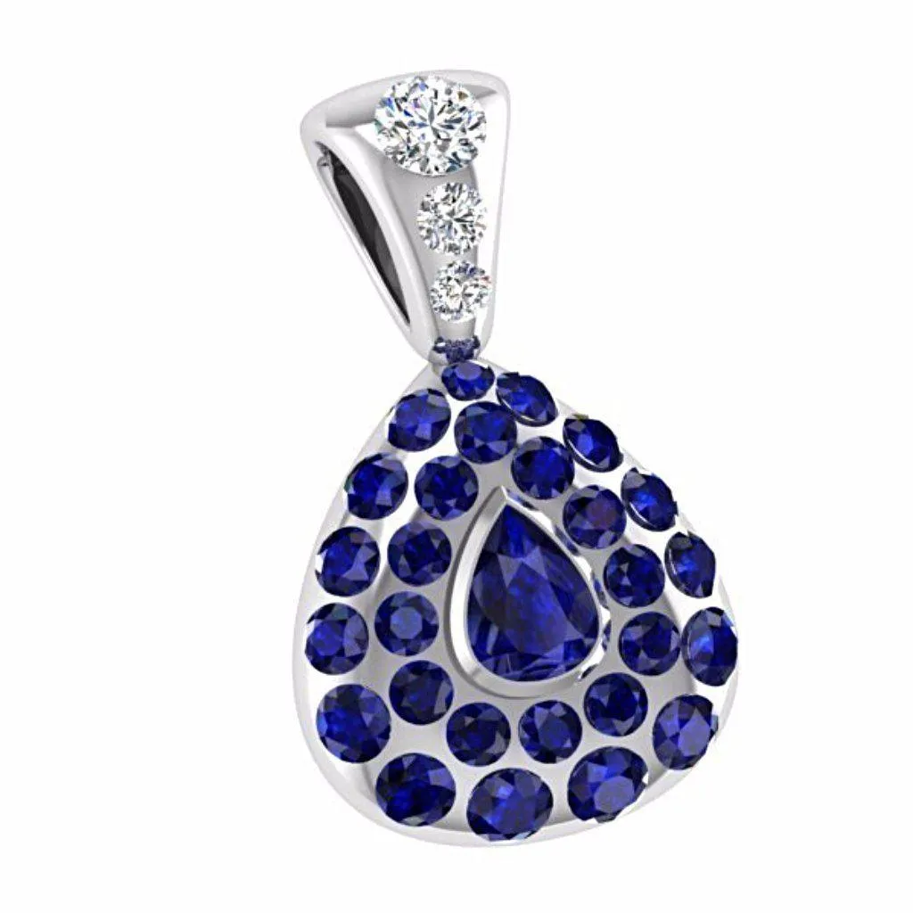 Diamond and Sapphire Pear Shaped Pendant 14K White Gold