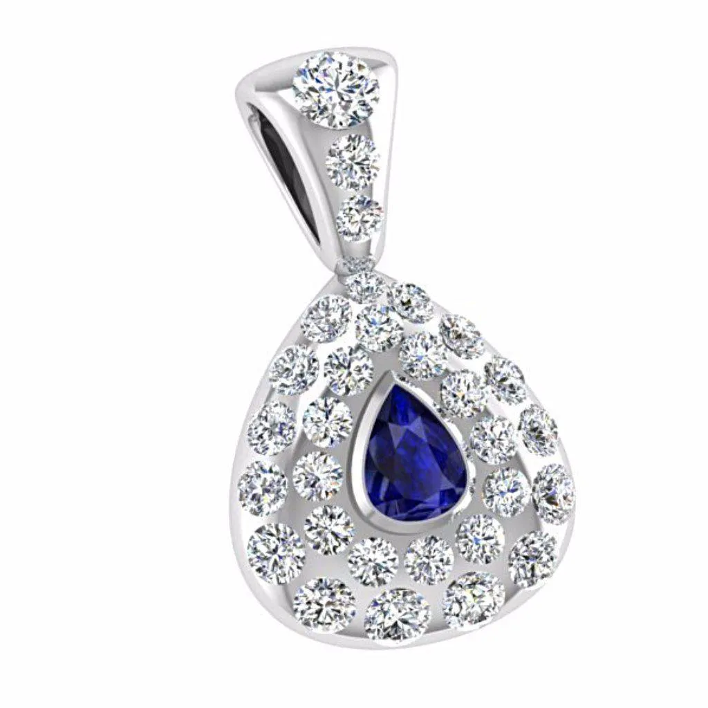 Diamond and Sapphire Pear Shaped Pendant 14K White Gold