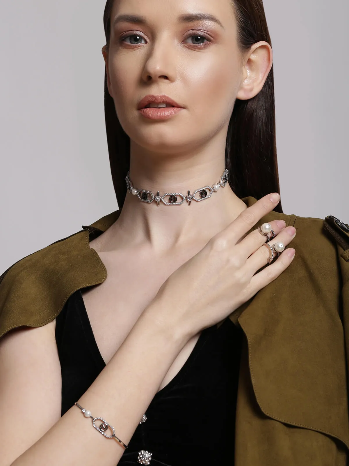 Dominique Throne Wearing OH Celeste Sirius Embellished Choker Necklace