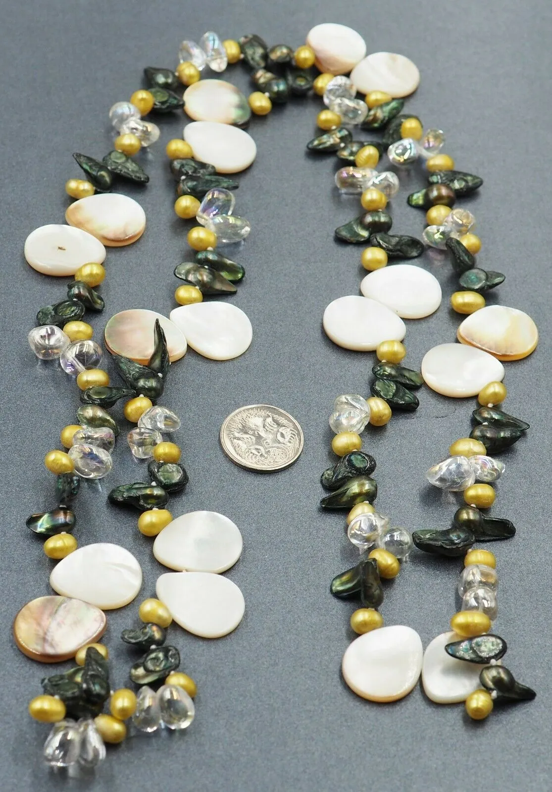 Dyed Cultured Pearl, Mother of Pearl & Coated Glass Necklace