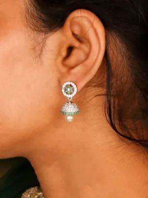 Elegant Emerald Green Flower Shaped Jhumka with Pearl Earring For Women