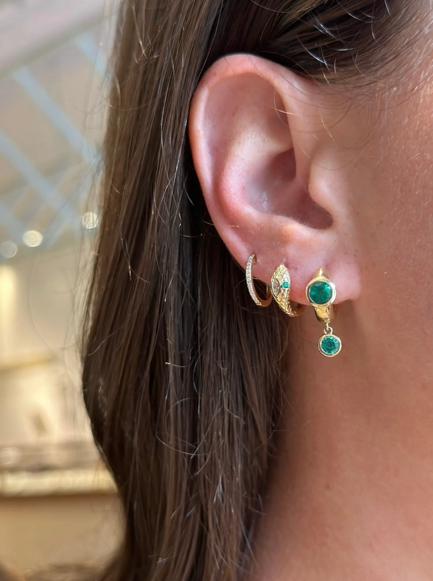 Emerald Bezel and Dangle Huggie Earrings