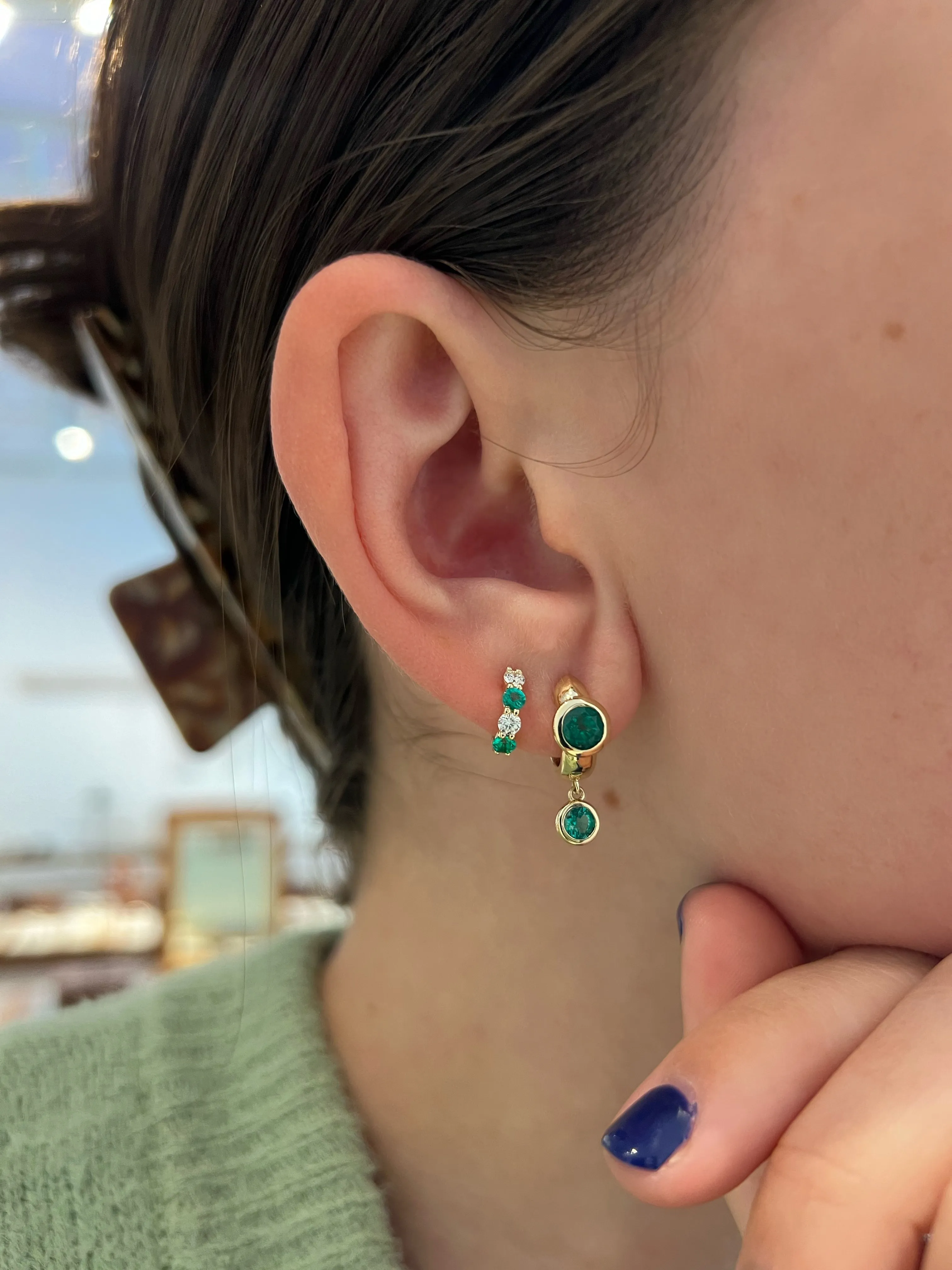 Emerald Bezel and Dangle Huggie Earrings