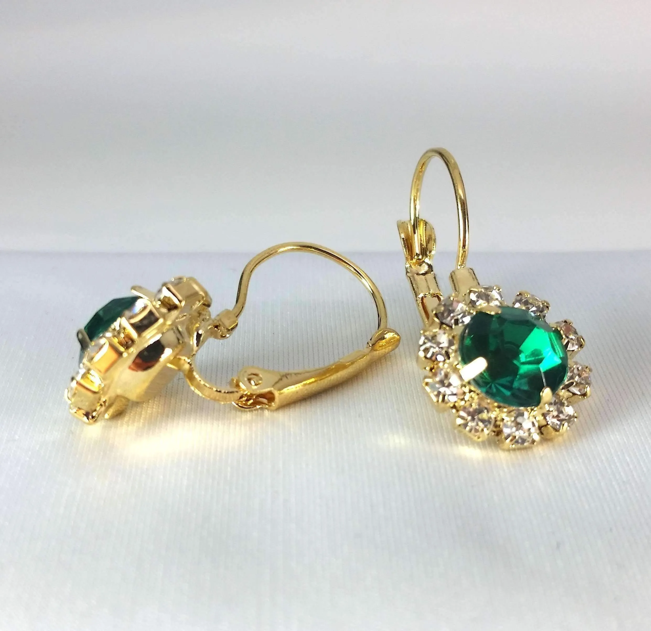 Emerald Crystal Flower Drop Lever Back Earrings - White or Yellow Gold