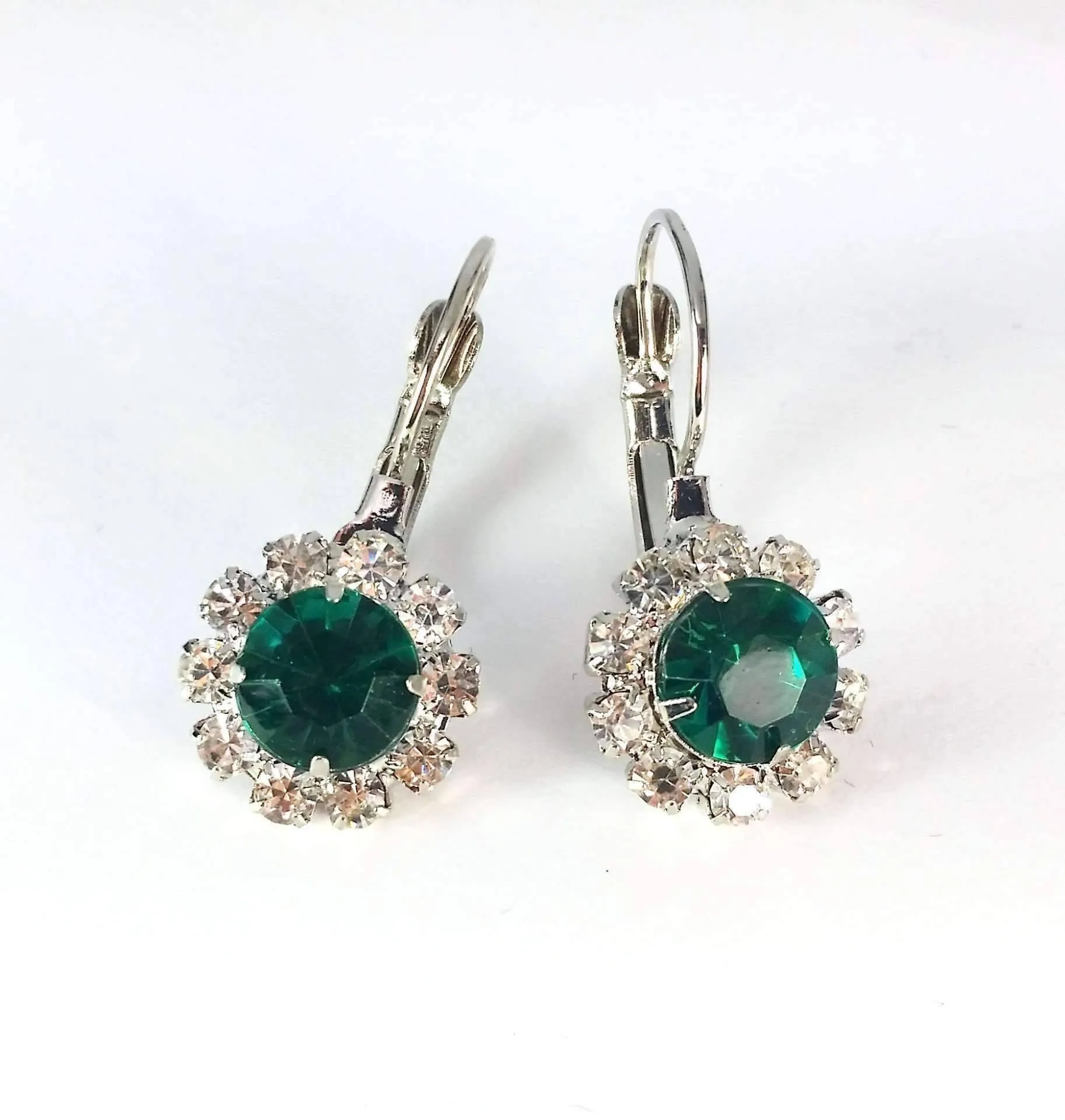 Emerald Crystal Flower Drop Lever Back Earrings - White or Yellow Gold