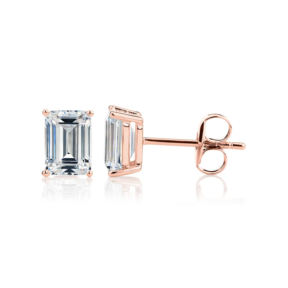 Emerald Cut stud earrings with 2 carats* of diamond simulants in 10 carat rose gold