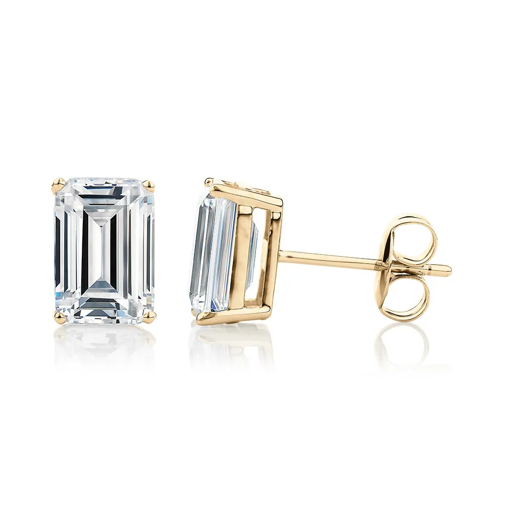 Emerald Cut stud earrings with 3 carats* of diamond simulants in 10 carat yellow gold