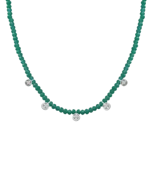 Emerald Gemstone & Five diamonds Necklace - 14K White Gold