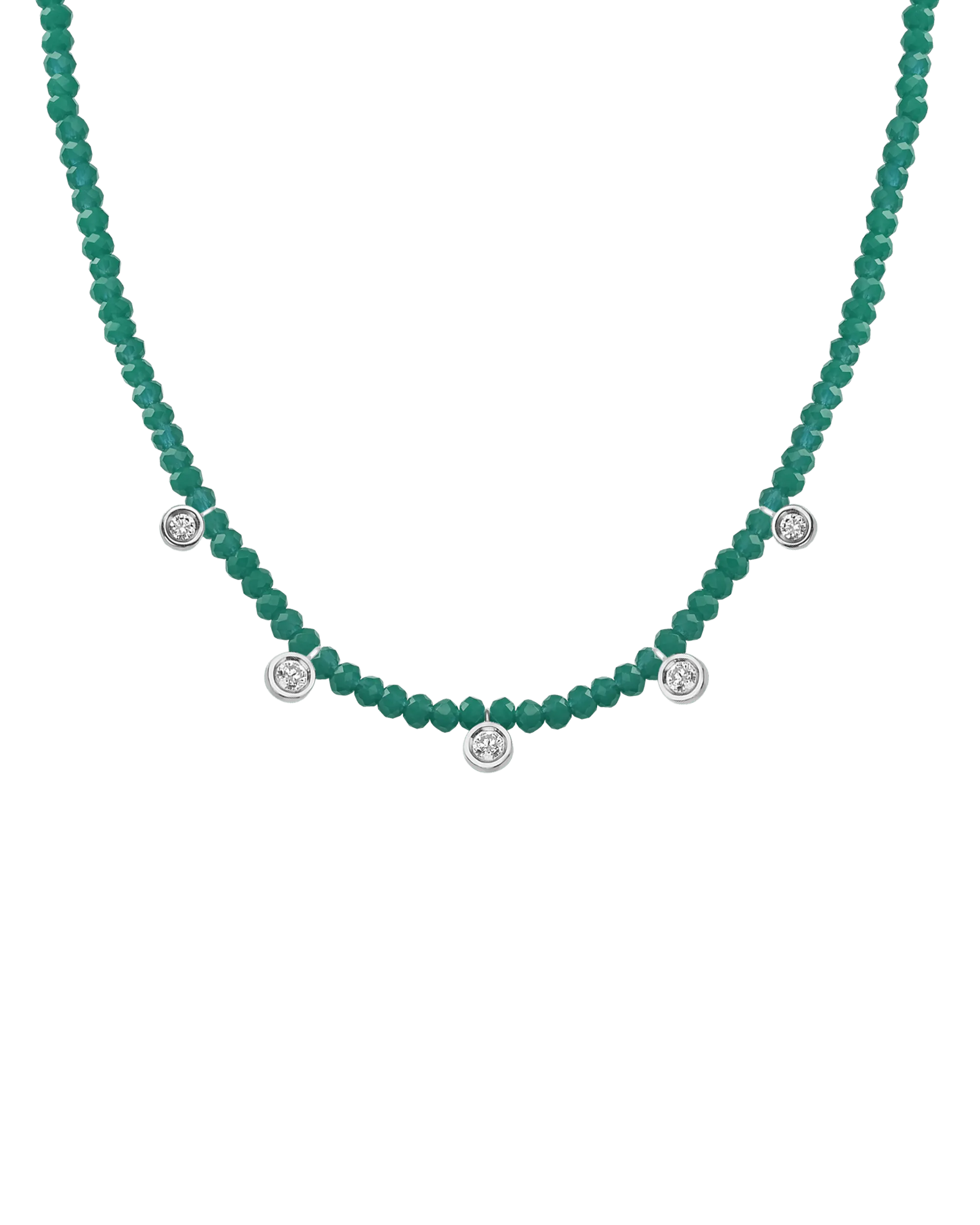 Emerald Gemstone & Five diamonds Necklace - 14K White Gold