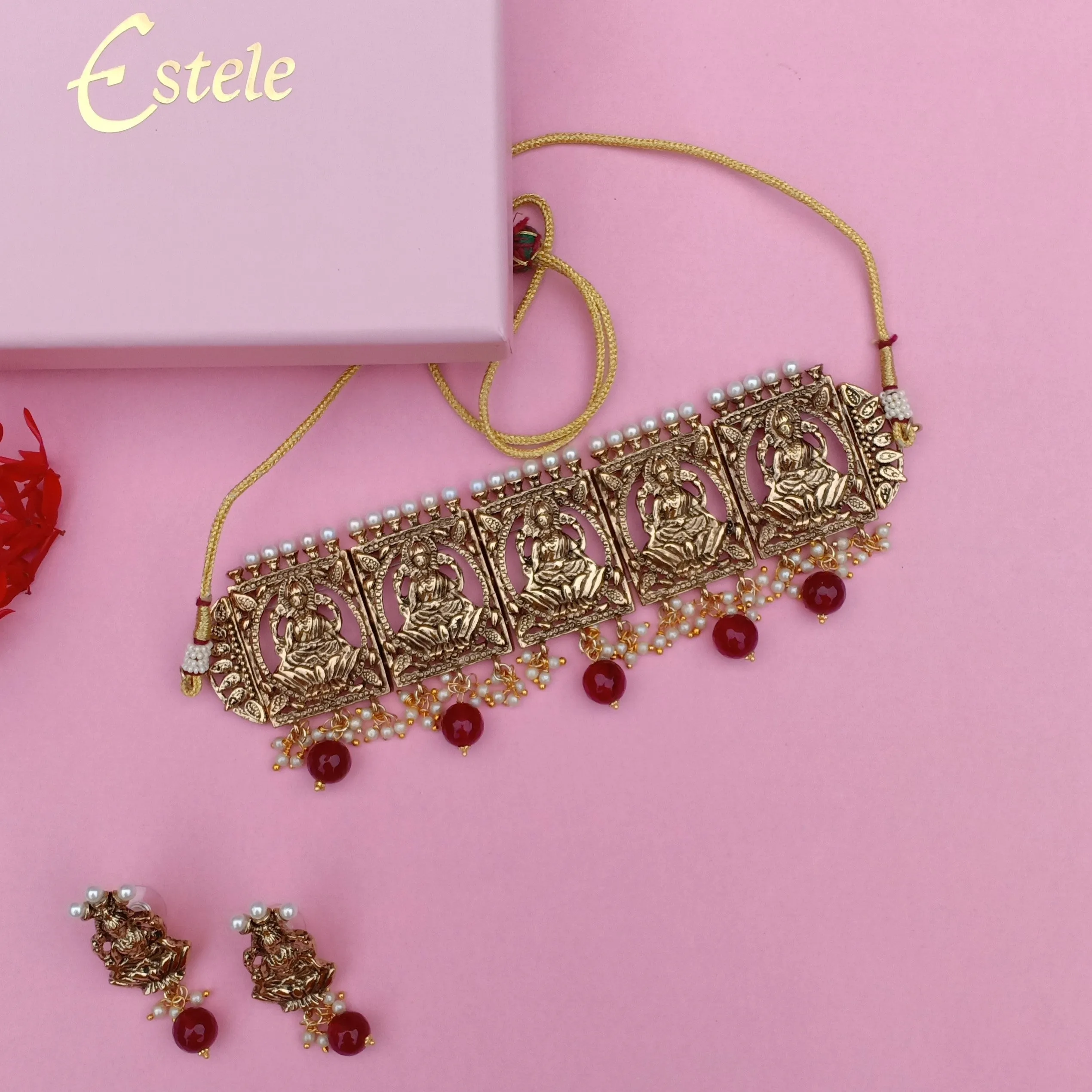 Estele Gold Plated Antique Laxmi Designer Choker Necklace Set with Ruby Beads & Pearls for Women