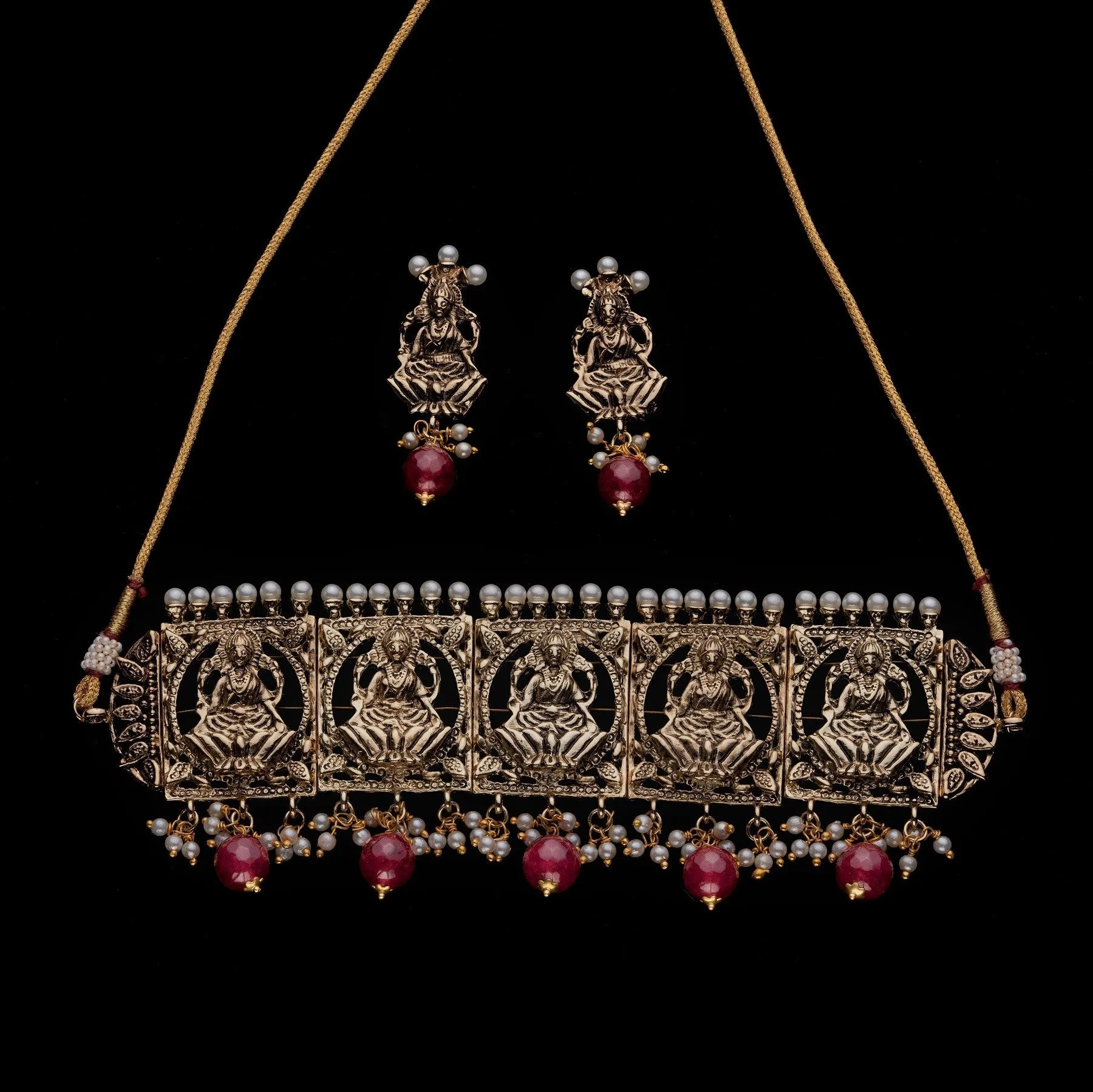 Estele Gold Plated Antique Laxmi Designer Choker Necklace Set with Ruby Beads & Pearls for Women