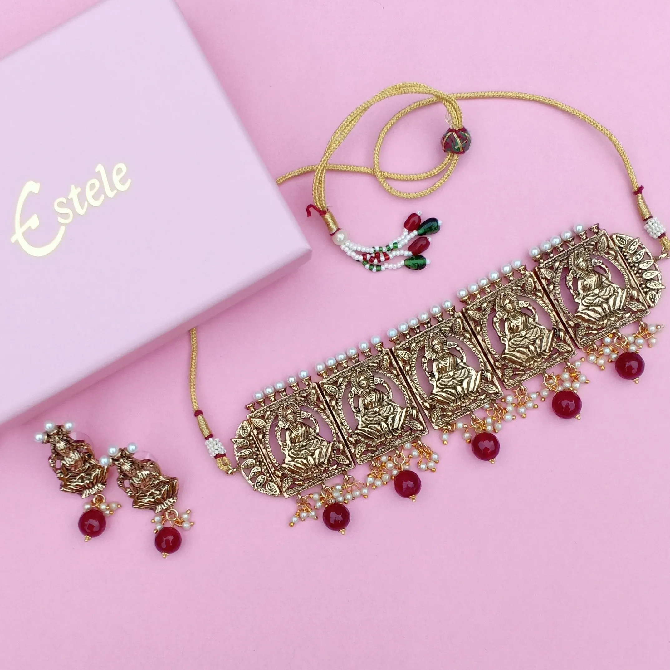 Estele Gold Plated Antique Laxmi Designer Choker Necklace Set with Ruby Beads & Pearls for Women