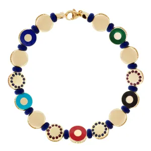 Evil Eye Gold Disk Bracelet with Sapphires and Rubies