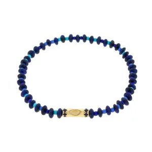 Evil Eye Slim Tube with Sapphires on Lapis Beaded Bracelet