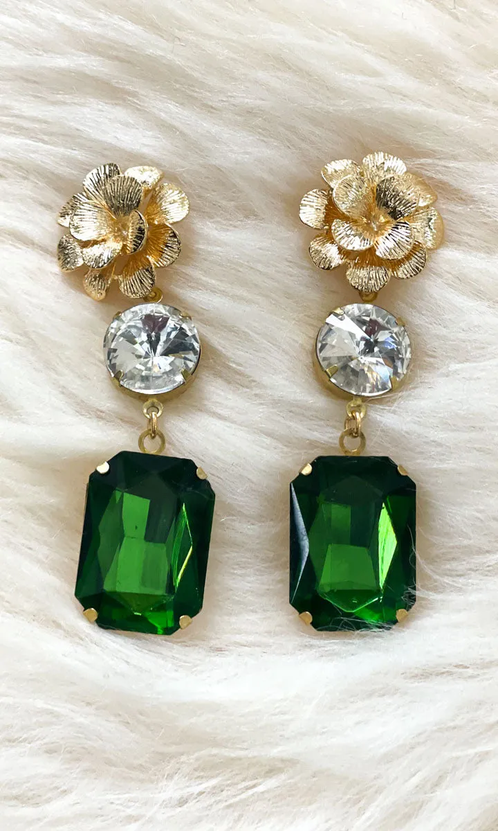 Fleur 2 Drop Earrings - Emerald Green