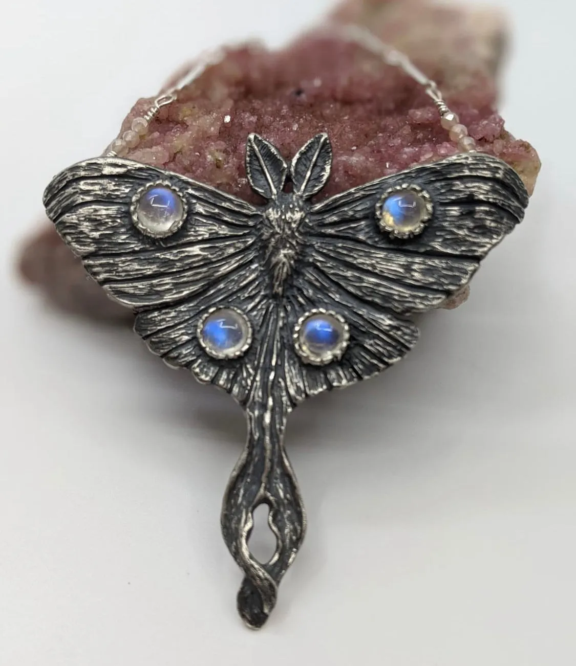 Full Moon Luna Moth - Moonstone & Sterling Silver Necklace