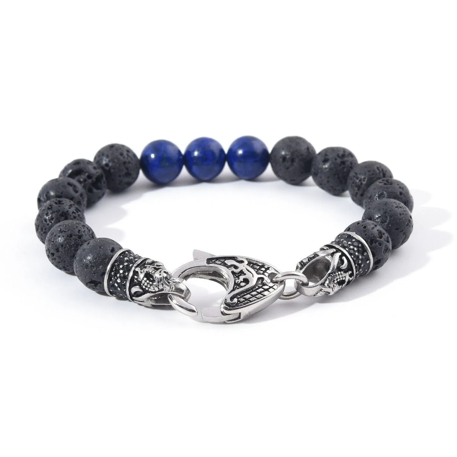 Genuine Black Lava Volcanic Lapis Stainless Steel Beaded Bracelet