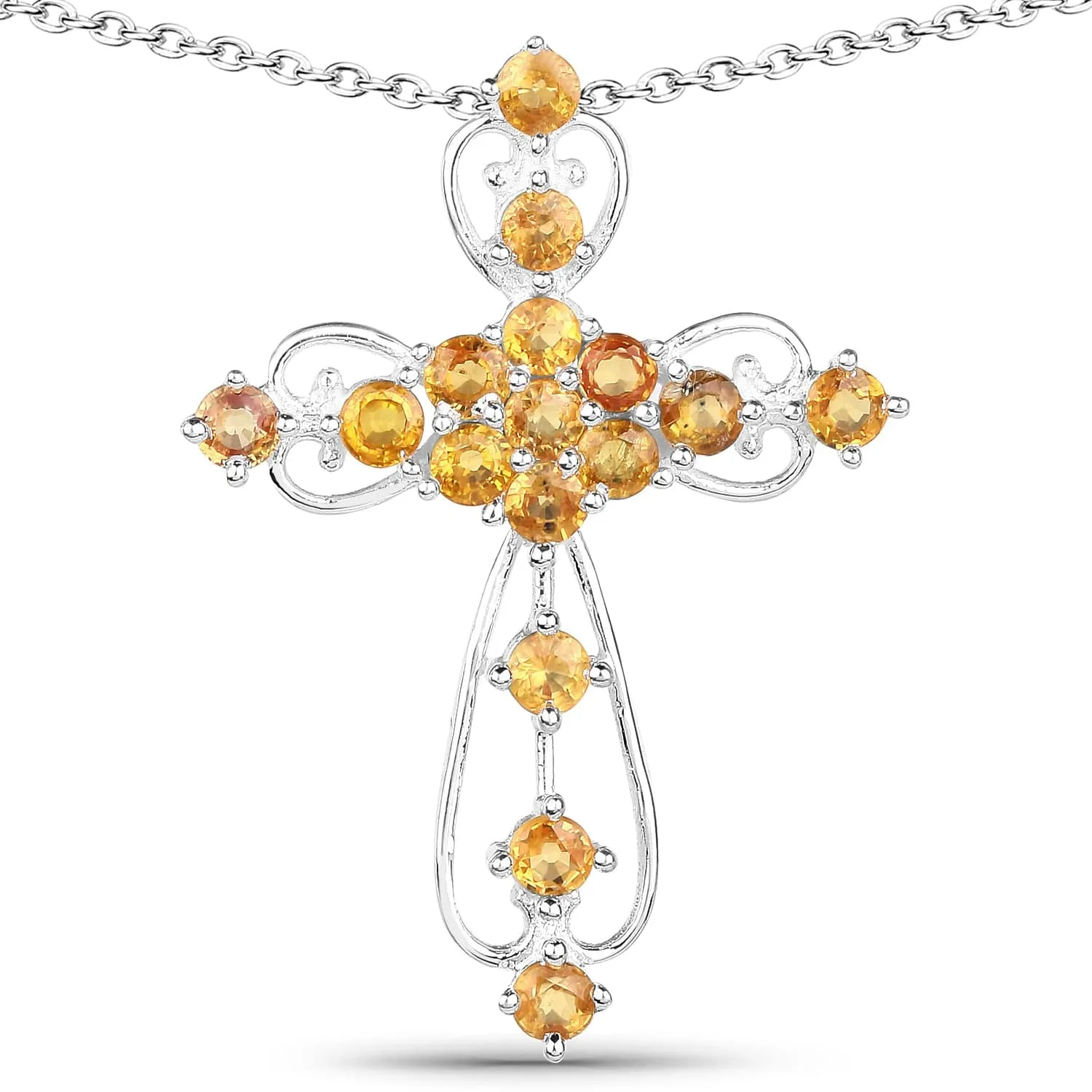 Genuine Yellow Sapphire Elegant Scrollwork Cross Symbol of Christian Faith