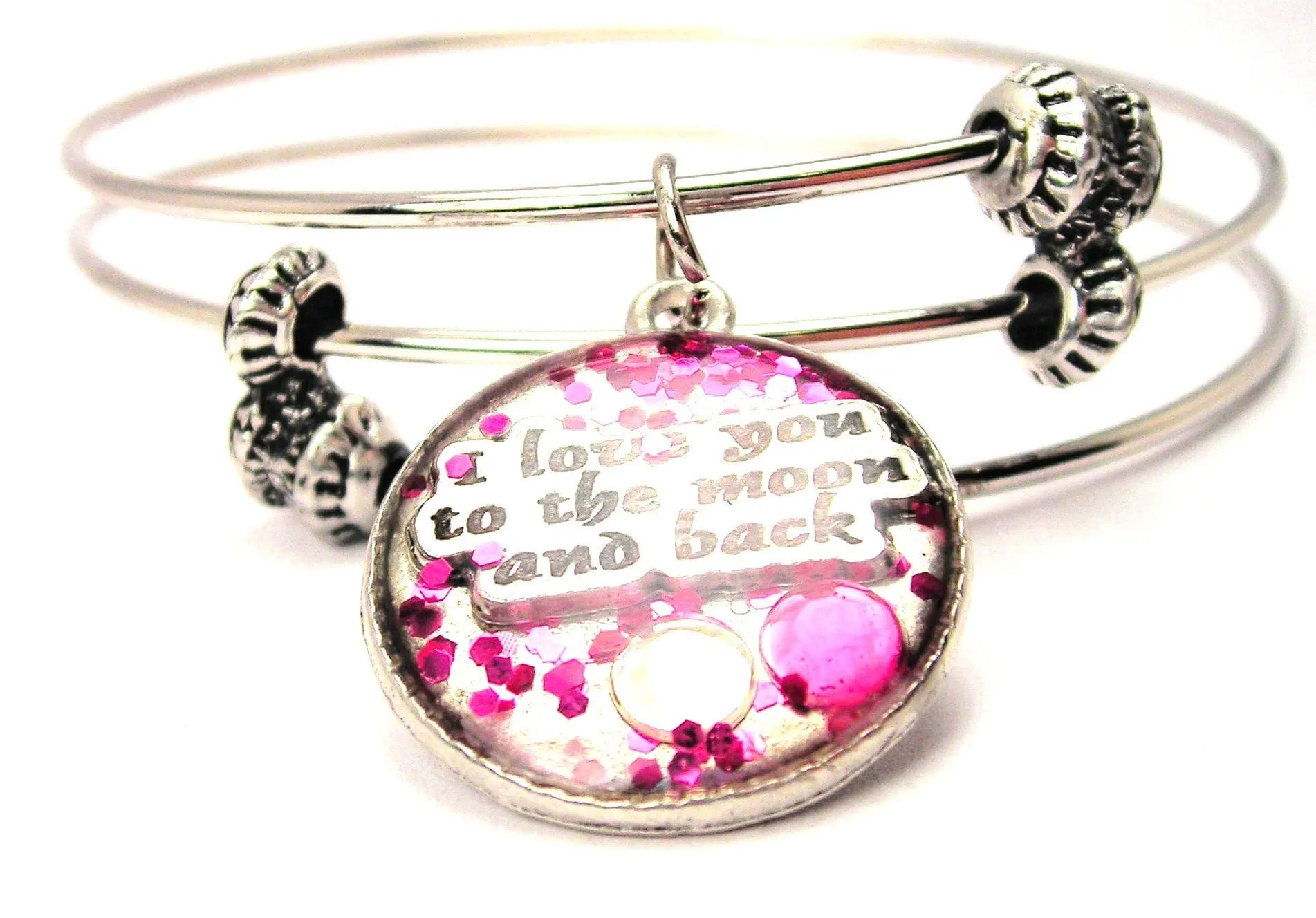 Glitter Resin I Love You To The Moon And Back Triple Style Expandable Bangle Bracelet