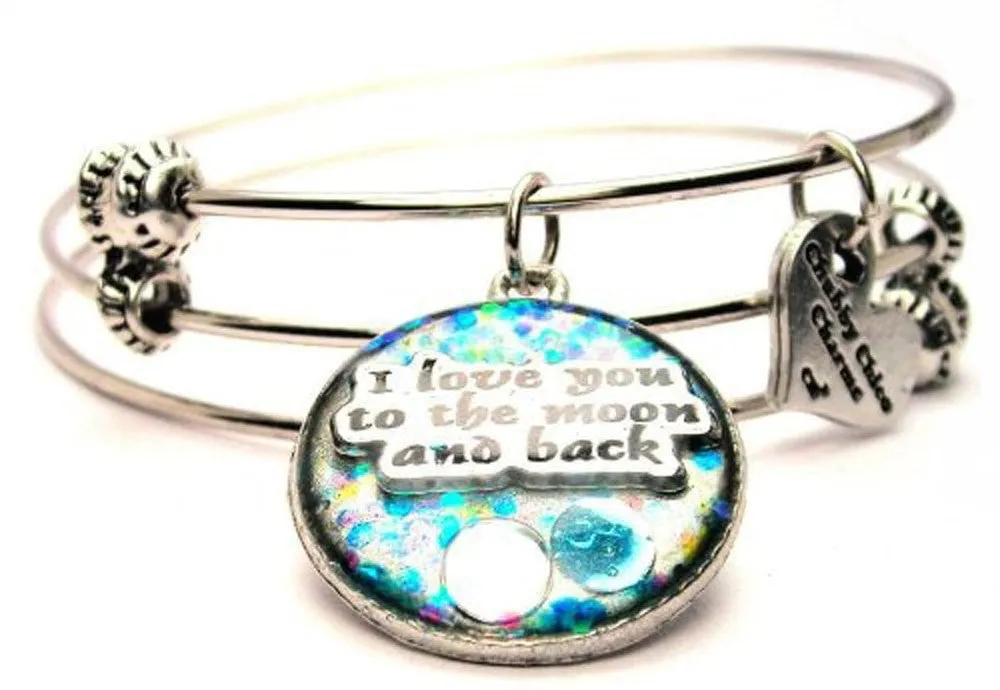 Glitter Resin I Love You To The Moon And Back Triple Style Expandable Bangle Bracelet