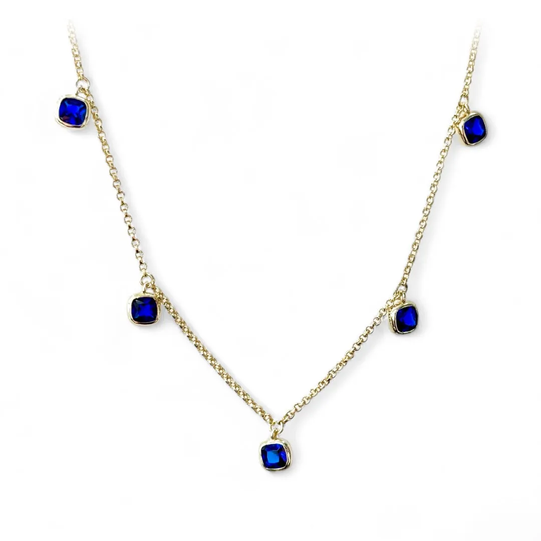 Gold Plated Square Bezel Blue CZ Drops Choker Necklace