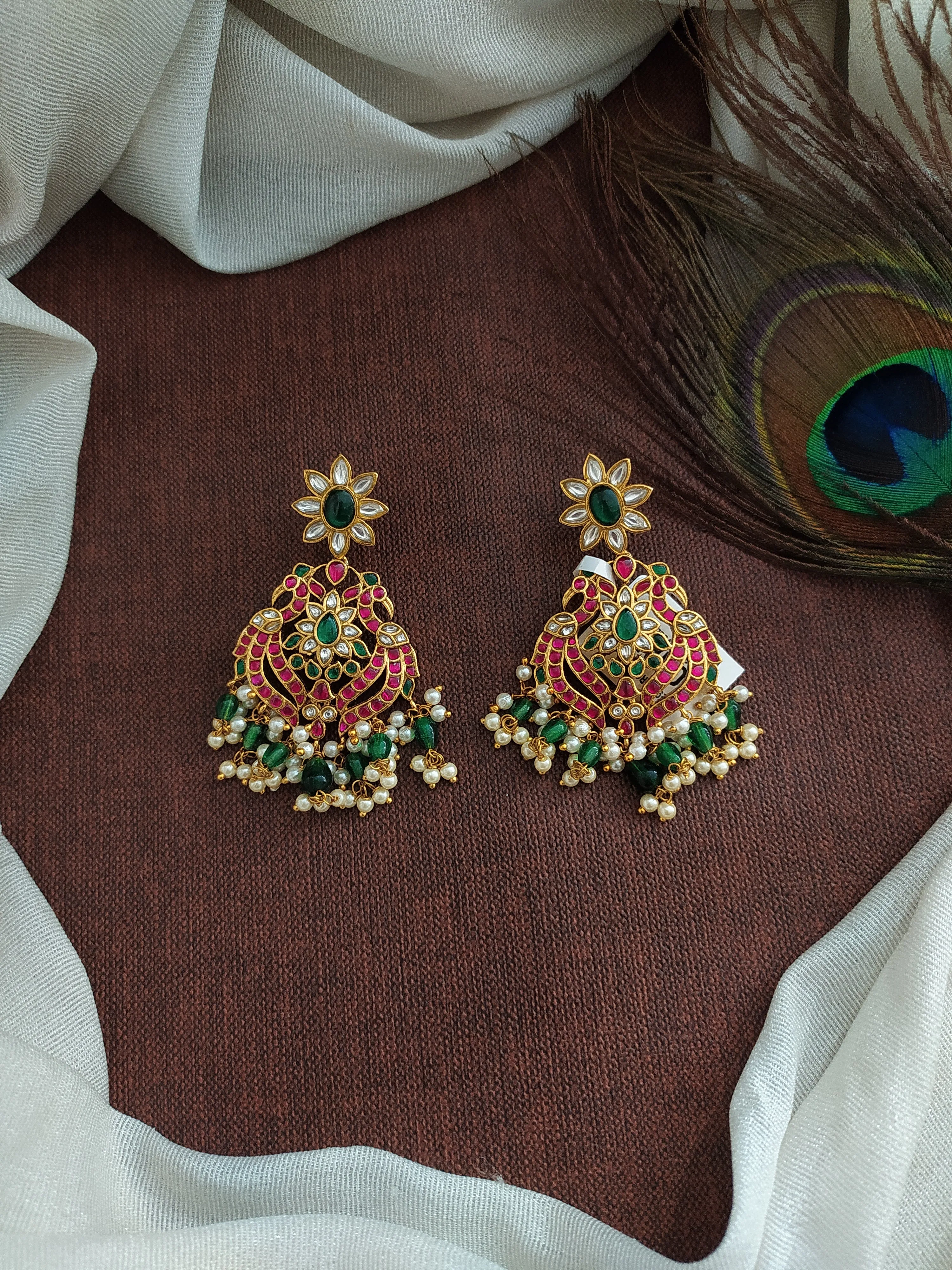 Gold Replica Jadau Kundan Earrings with Peacock & Floral Design