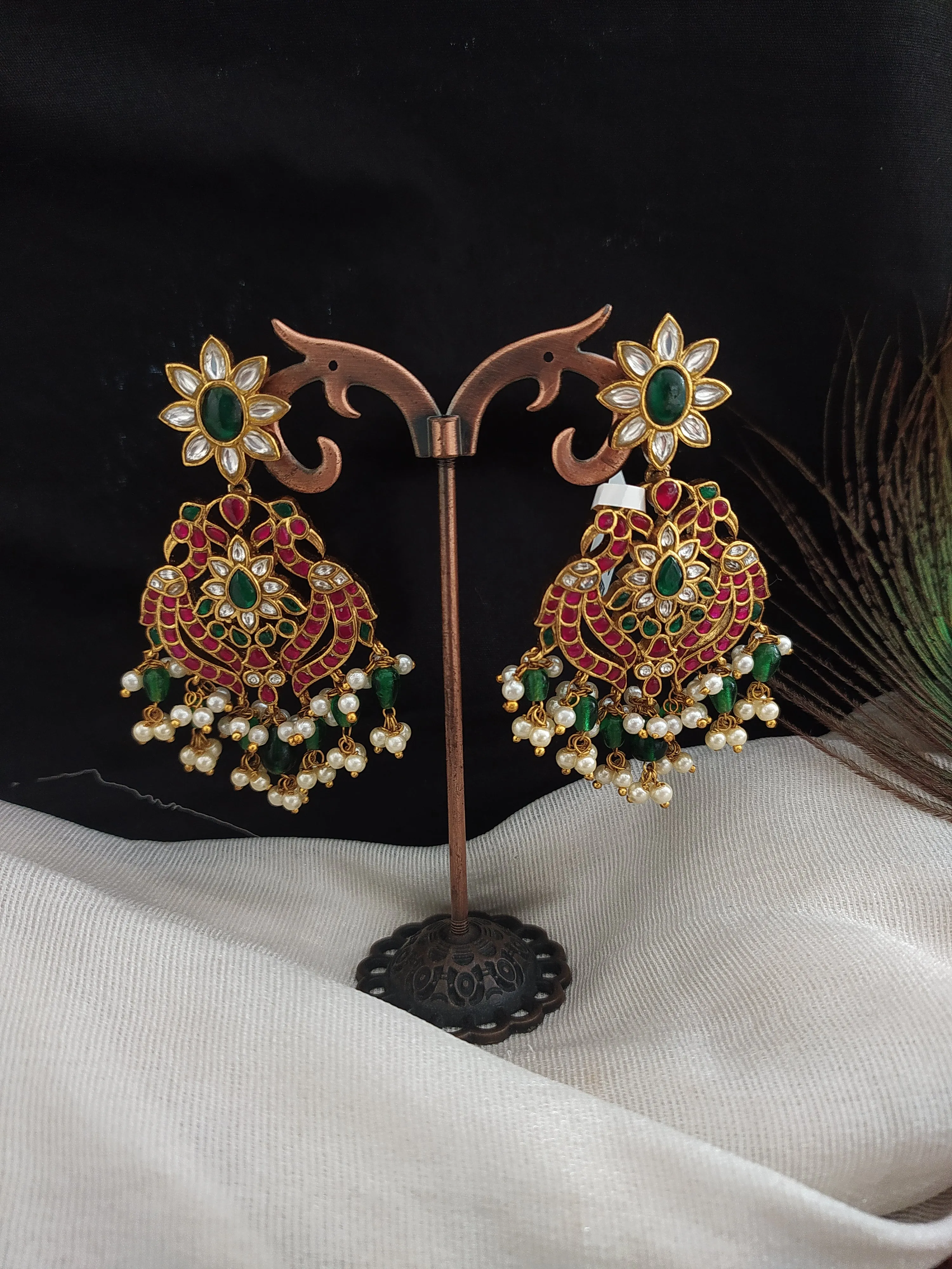 Gold Replica Jadau Kundan Earrings with Peacock & Floral Design